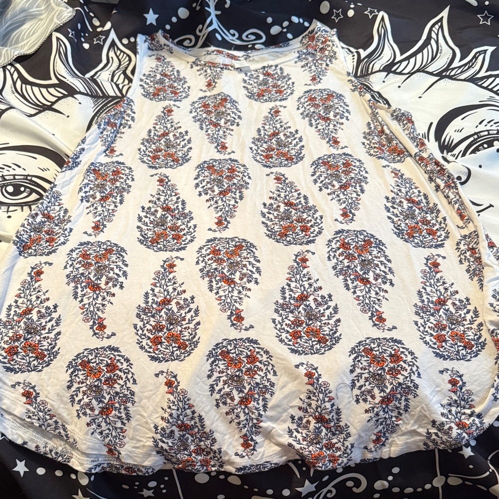 Old Navy Cream Tank with Blue Floral and Orange Accents